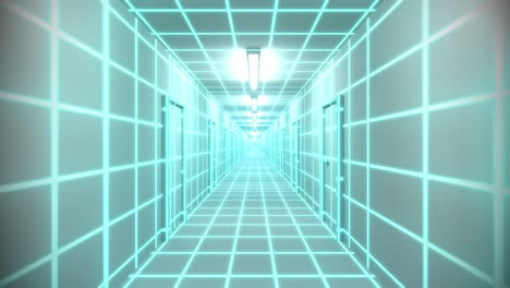 Endlose-Weiße-Korridortüren-Neon-Tron-80er-Arcade-Glow-Loop-Drahtgitter-Matrix-4k